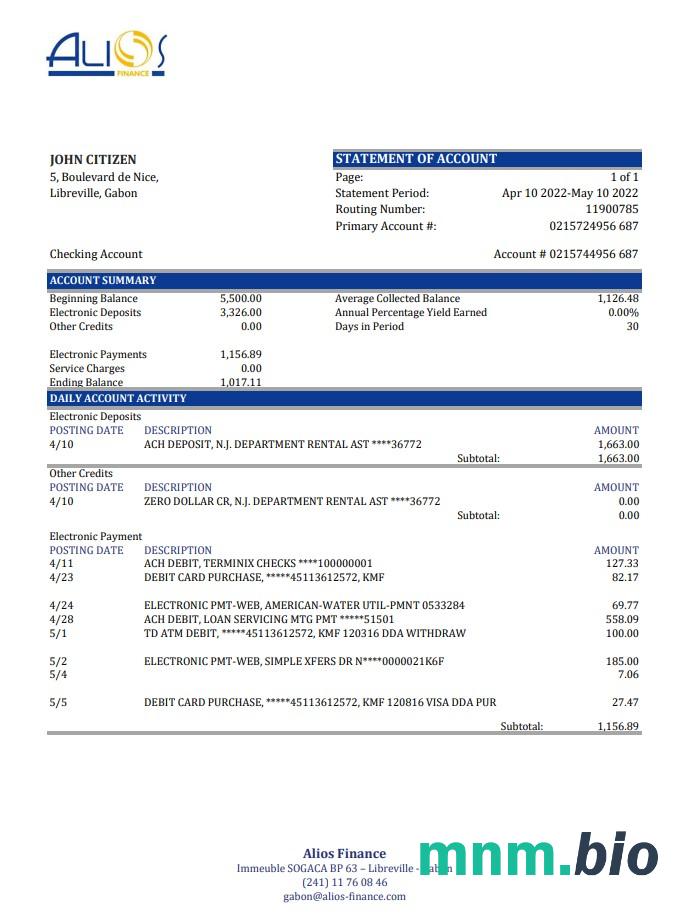 Szablon wyciągu bankowego Gabon Alios Finance, format Word i PDF